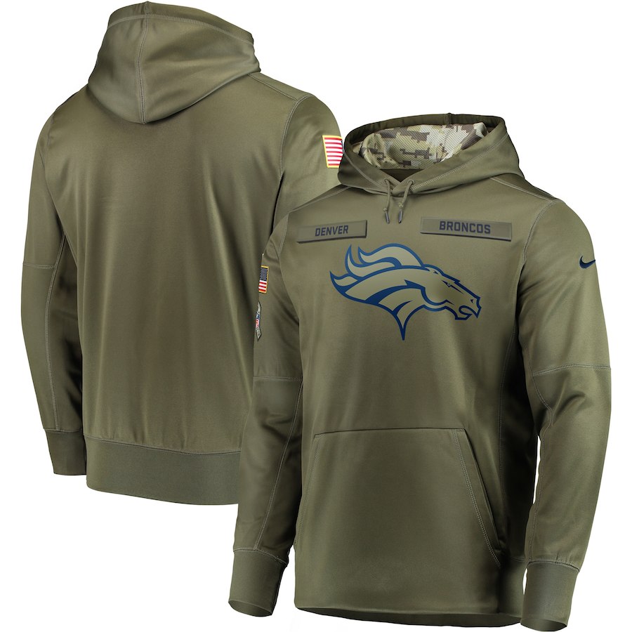 Men's Denver Broncos 2018 Olive Salute to Service Sideline Therma Performance Pullover Stitched Hoodie Men's Denver Broncos 2018 Olive Salute to Service Sideline Therma Performance Pullover Stitched Hoodie